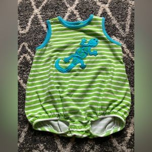 Green with white stripes bubbler with blue embroidered lizard